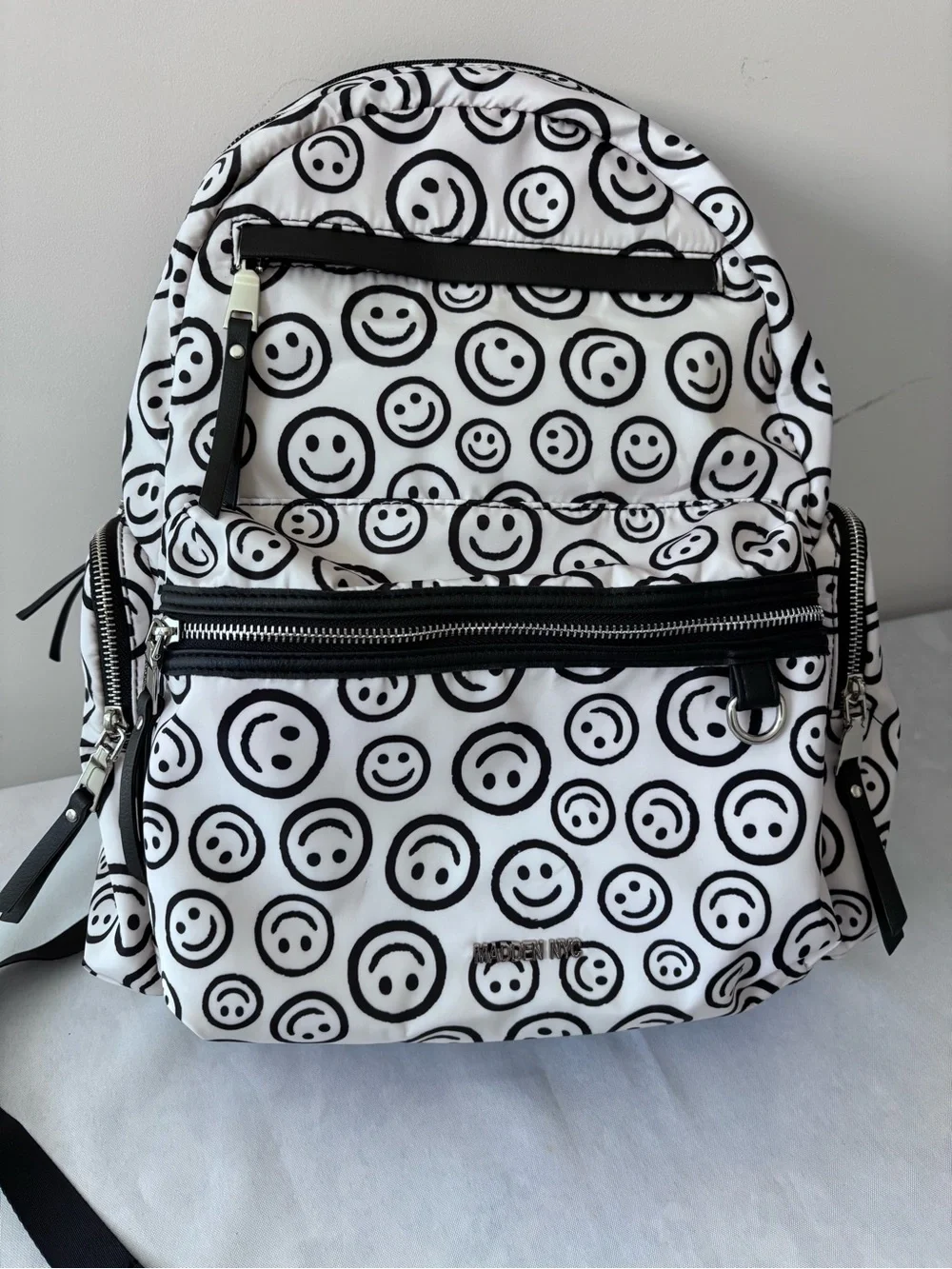 Madden NYC nylon backpacks Smiley Print White & Black Backpack - Designer Style